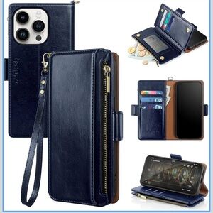 Antsturdy Navy Blue Leather Wallet Case for I phone 16 Pro Max Smartphones